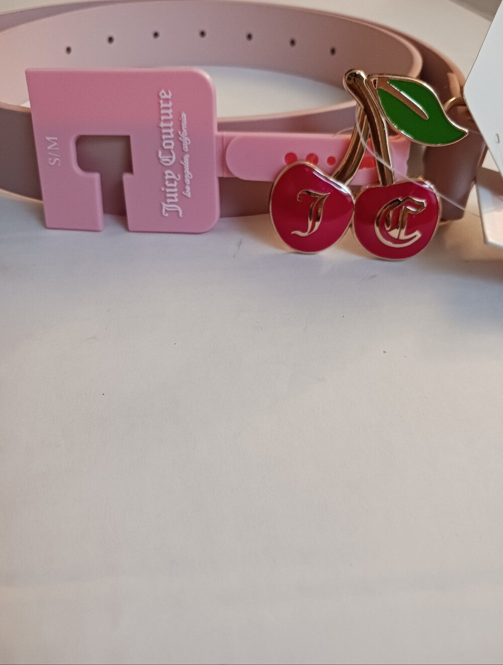 Juicy Couture Cherry Logo Enamel Belt - Pink Red Gold Buckle Size S/M NWT - Picture 7 of 7